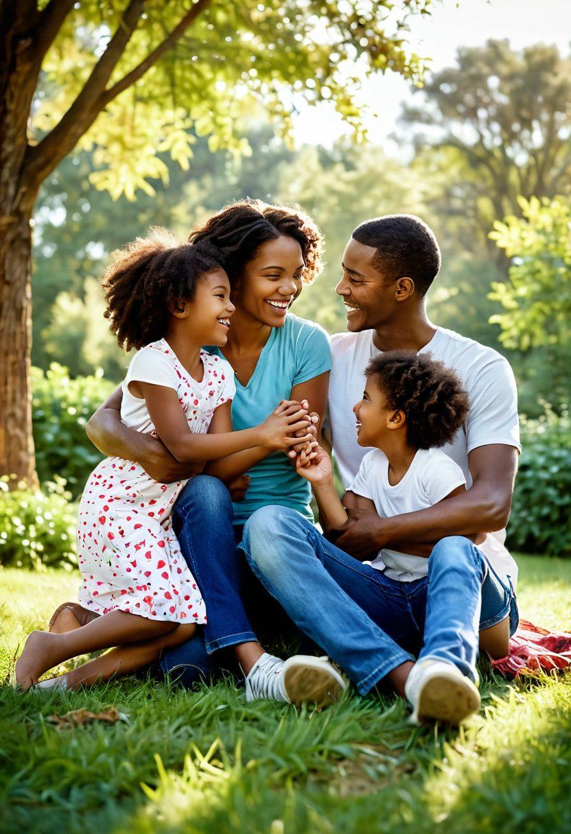 A warm, inviting scene depicting a diverse family engaged in playful activities outdoors, showing loving interactions and shared moments of kindness. Include children laughing and parents nurturing their bonds with joyful expressions. Surround them with nature to symbolize growth and connection, using soft, natural lighting. artistic illustration. vibrant colors. soft focus.
