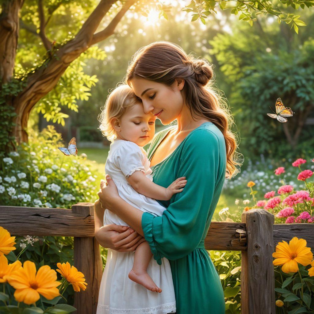 A warm, intimate scene depicting a mother embracing her child in a garden filled with blooming flowers, radiating love and kindness. Surround them with soft, golden sunlight filtering through lush green trees, symbolizing nurture and devotion. In the background, a family portrait hangs gently on a wooden fence, representing strong familial bonds. Include elements of gentle birds and playful butterflies to enhance the atmosphere of serenity. super-realistic. vibrant colors. soft focus.