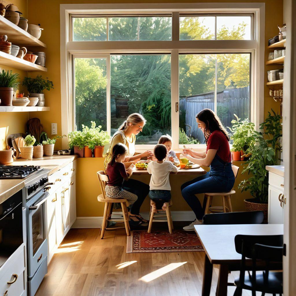 A warm and inviting kitchen scene filled with soft golden light, featuring a mother joyfully cooking with her children around her, showcasing moments of laughter and bonding. In the background, a vibrant community garden can be seen through the window, symbolizing nurturing and support. Incorporate elements of cozy decor, like family photos and plants, to enhance the feeling of home and warmth. super-realistic. vibrant colors. warm tones.